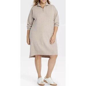NEW Women’s 1X Quarter Zip Long Sleeve Mini Sweater Dress Ava & Viv Taupe i1619